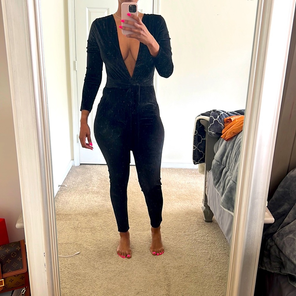 Black velour one piece deep plunge front